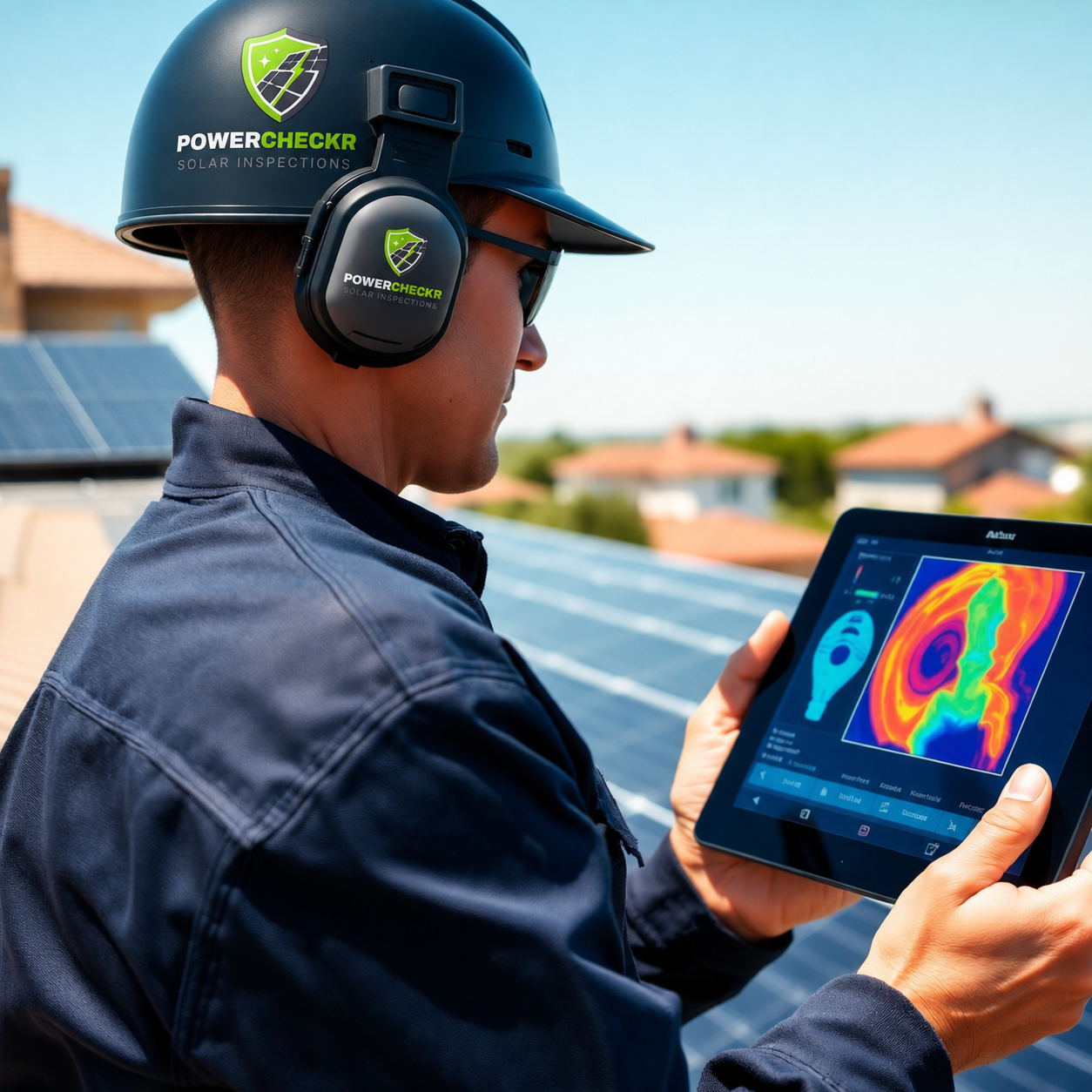 Power Checkr technician inspecting solar panels